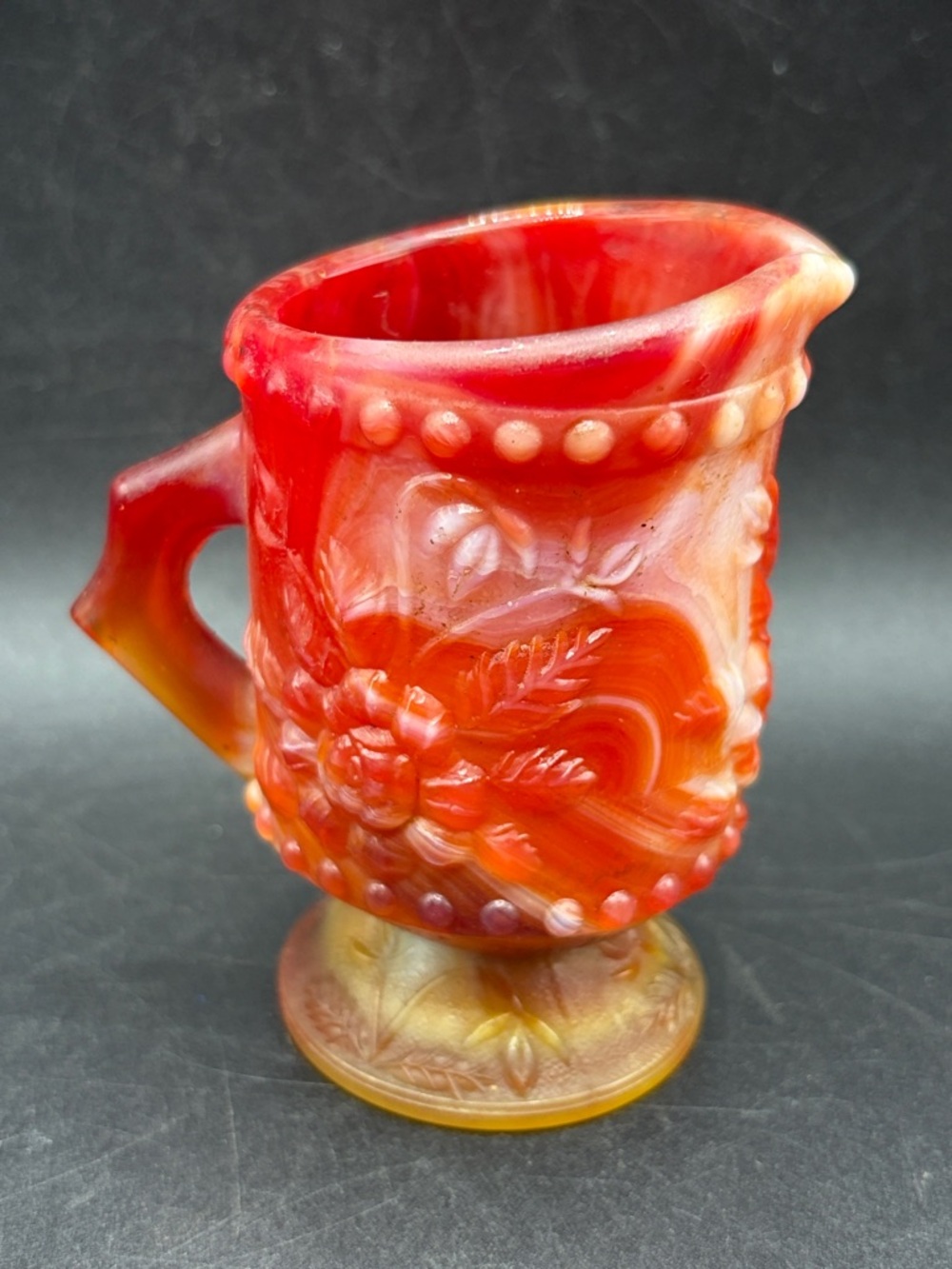 Vintage Marbled Slag Glass Creamer Floral Motif Mini Pitcher Jug Vessel Decor